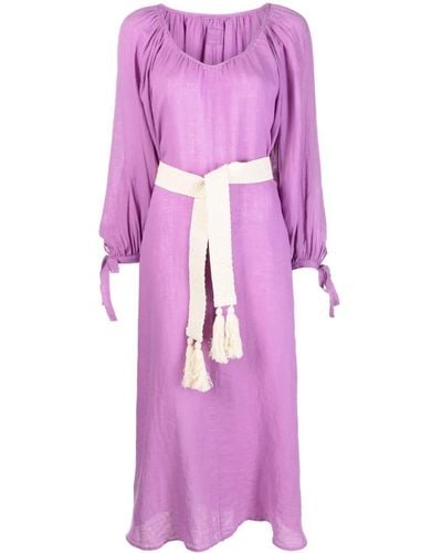 120% Lino Belted Linen Midi Dress - Purple