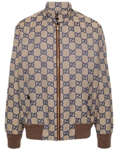 Gucci Gg Supreme Canvas And Leather Bomber Jacket - Gray