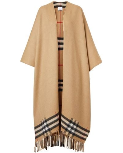 Burberry Fringed Check Cape - Natural