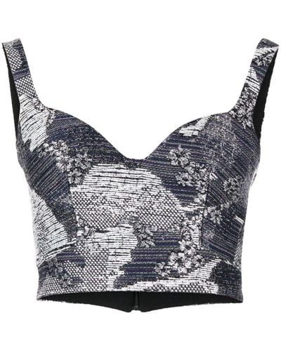 Saiid Kobeisy Cropped Tweed Floral-embroidered Top - Gray