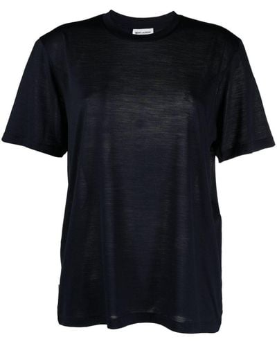 Saint Laurent Logo-embroidered Wool-silk Blend T-shirt - Blue