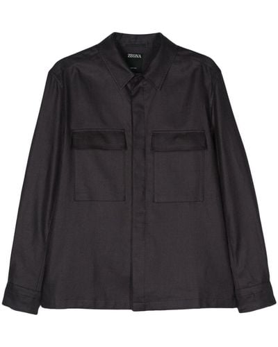 Zegna Twill Linnen Overhemd - Zwart