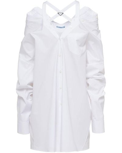 Prada Off-shoulder Cotton Shirt Dress - White