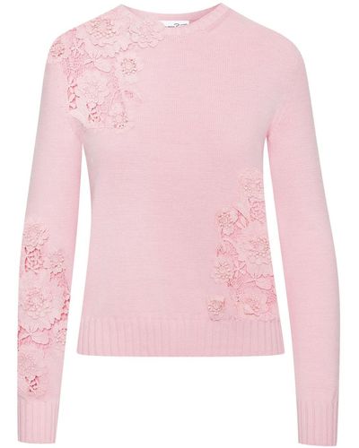 Oscar de la Renta Lace-detail Fine-knit Sweater - Pink