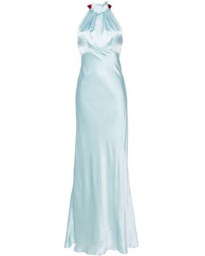 Saloni Pleated-neck seersucker gown - Blu