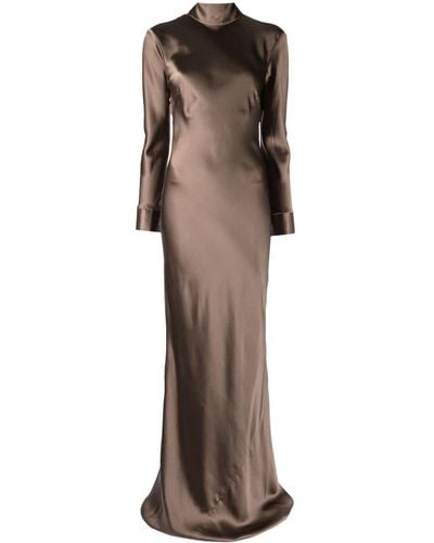 Michelle Mason Open-back Long-sleeve Gown Dress - Brown