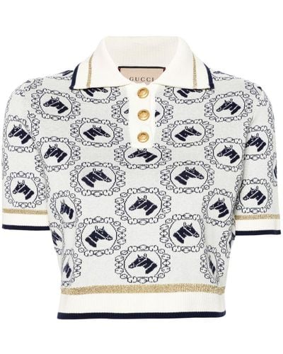 Gucci Poloshirt aus Baumwolljacquard mit Reitsport-Motiv - Weiß