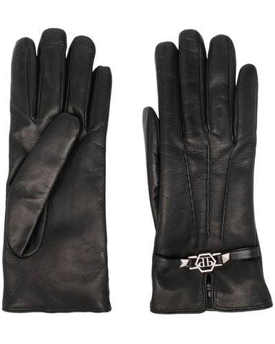 Philipp Plein Logo-plaque Leather Gloves - Black