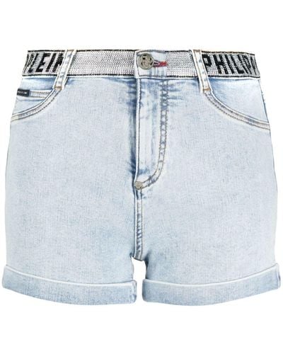 Philipp Plein Short en jean à plaque logo - Bleu