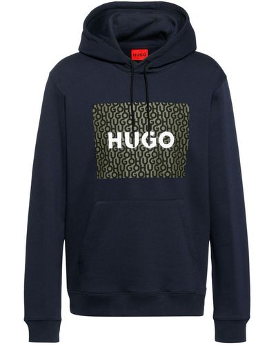 HUGO Logo-print Cotton Hoodie - Blue