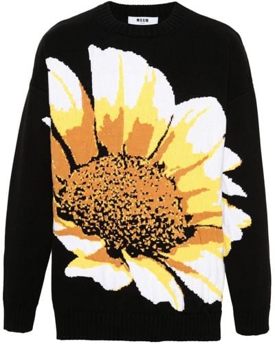 MSGM Floral Intarsia-knit Jumper - Black