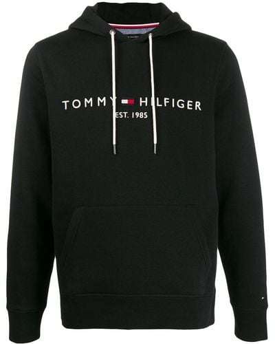 Tommy Hilfiger Big & Tall - Schwarzer Kapuzenpullover mit beflocktem Logostreifen
