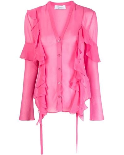 Blumarine Ruffled Semi-sheer Silk Blouse - Pink