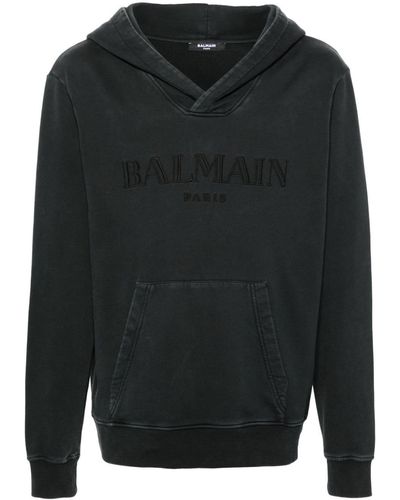 Balmain Hoodie en coton à logo brodé - Noir