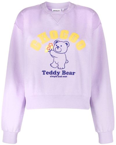 Chocoolate Teddy-bear Embroidered Cropped Sweatshirt - Purple