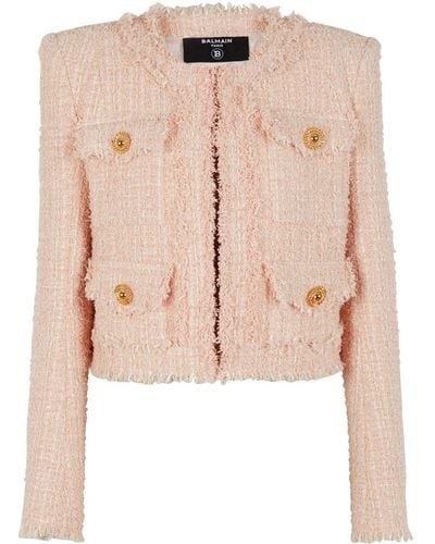 Balmain Tweed-Jacke ohne Kragen - Pink