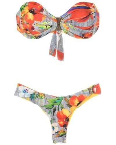 Amir Slama Set de bikini tipo bandeau con estampado hibiscus - Blanco