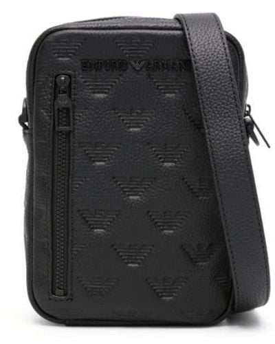 Emporio Armani Monogram-debossed Leather Messenger Bag - Black