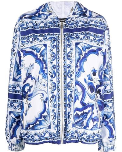 Dolce & Gabbana Majolica-print Hooded Windbreaker - Blue