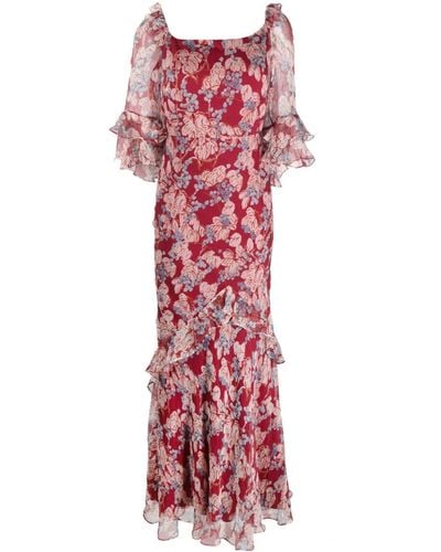 Saloni Floral-print Silk Long Dress - Red