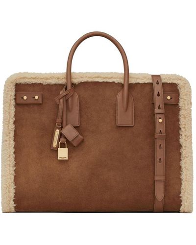 Saint Laurent Sac Du Jour Shearling-trim Tote Bag - Brown