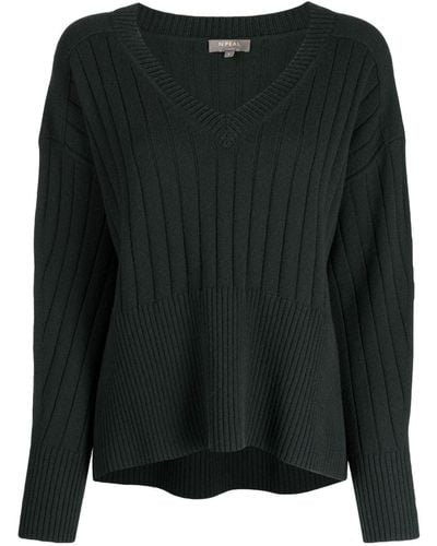 N.Peal Cashmere Ribbed-knit V-neck Cashmere Jumper - Black