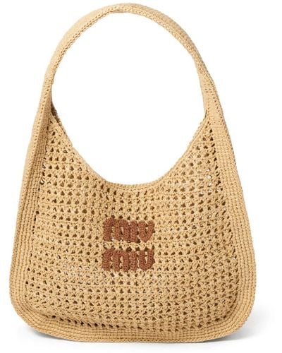 Miu Miu Logo-appliquéd Raffia Tote Bag - Natural