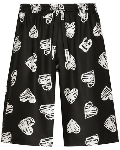 Dolce & Gabbana Silk jogging Shorts With Dg Heart Print - Black