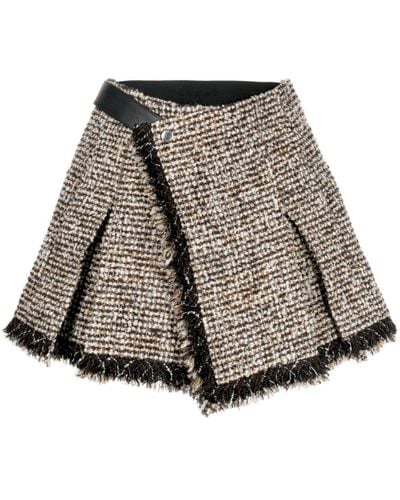 Sacai Frayed Tweed Shorts - Brown