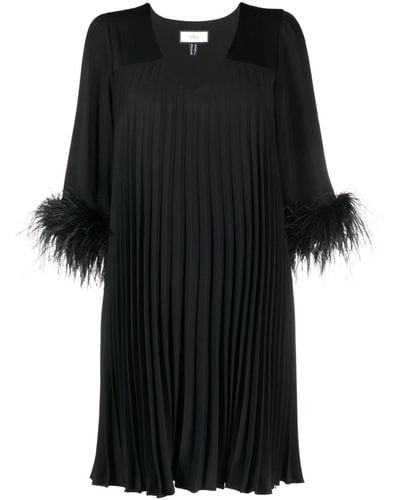 Nissa Feather-trim Pleated Dress - Black