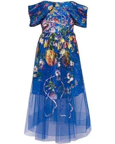 Marchesa Ribbons Tulle Midi Dress - Blue