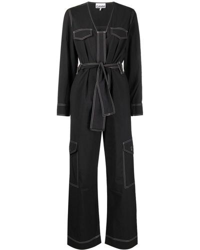 Ganni Belted Contrast-stitch Jumpsuit - Black