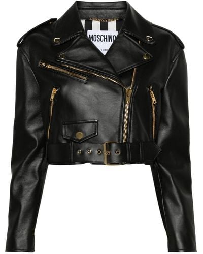 Moschino Cropped Leather Biker Jacket - Black