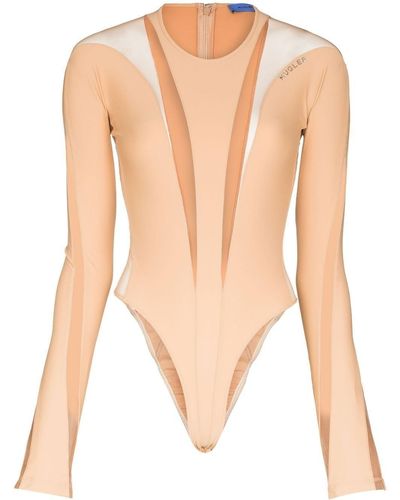 Mugler Neutral Sheer Panelled Bodysuit - Natural