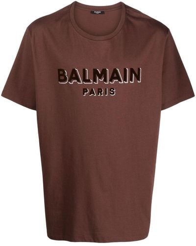 Balmain T-Shirt mit geflocktem Logo - Braun