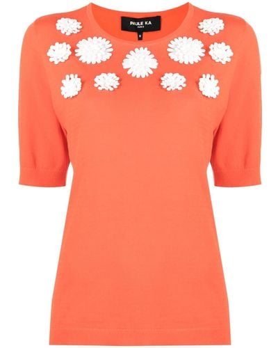 Paule Ka Floral-appliqué Knitted Cotton Top - Orange