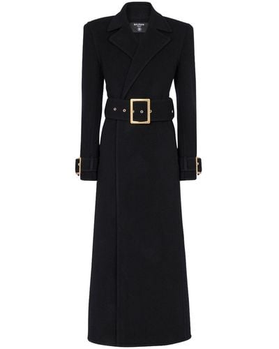 Balmain Belted Long Wool-blend Coat - Black