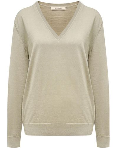 12 STOREEZ V-neck Fine-knit Sweater - Natural