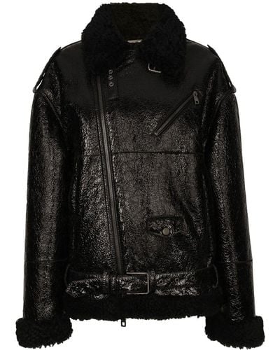 Dolce & Gabbana Frilled-collar Pebbled Leather Jacket - Black