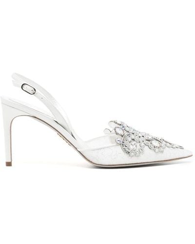 Rene Caovilla Lace Embellished Crystal Sling Back Court Shoes - White