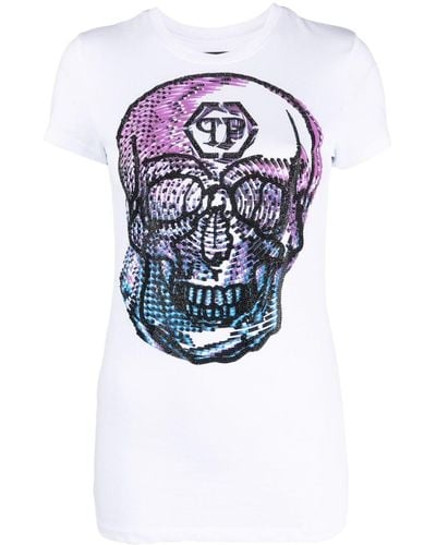 Philipp Plein Crystal-embellished Skull-print T-shirt - Blue