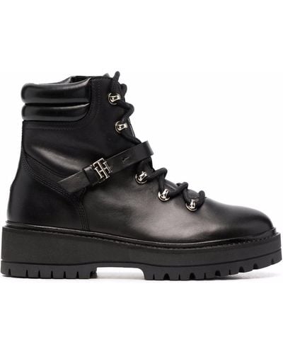 Tommy Hilfiger Polished Leather Flat Boots - Black