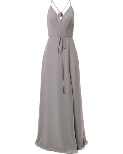 Marchesa V-neck Tie Waist Evening Gown - Gray