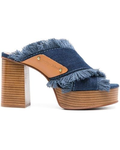 See By Chloé 100mm Frayed-detailing Denim Mules - Blue