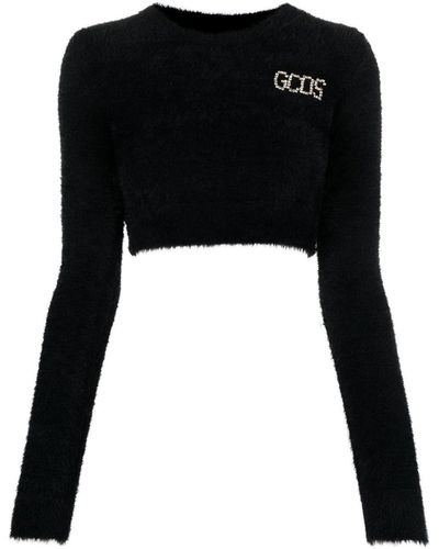 Gcds Crystal-logo Cropped Sweater - Black