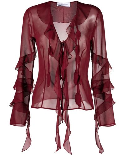 Blumarine Ruffled-trim Silk Blouse - Red
