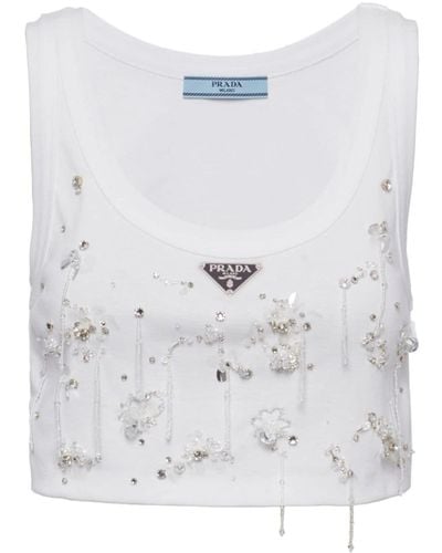 Prada Crystal-embroidered Ribbed Tank Top - White