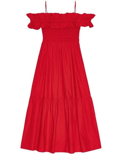 Ganni Popeline Midi-jurk Met Ruches - Rood