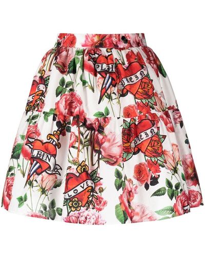 Philipp Plein Floral Pleated Mini Skirt - Red