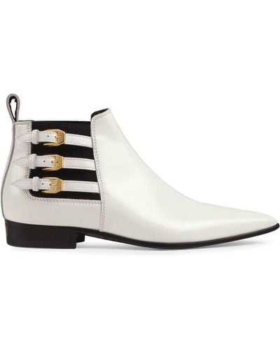 Gucci Men's Quebec Point-toe Buckle-strap Ankle Boots - White